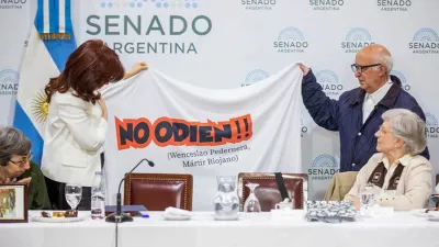 El cura Domingo Bresci y la bandera “No odien”, junto a Cristina Kirchner en el Senado.