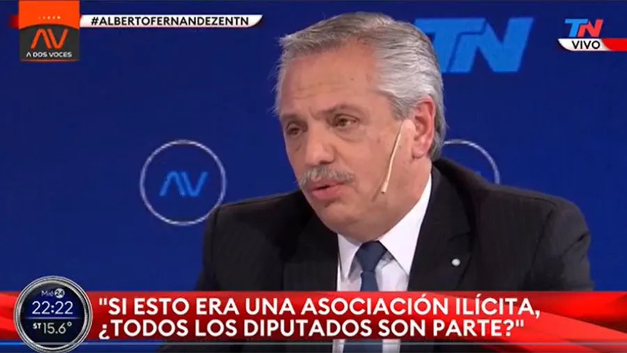 Imagen de televisión de Alberto Fernández en el programa “A Dos Voces” que se emite por la señal de TN. Imagen de televisión de Alberto Fernández en el programa “A Dos Voces” que se emite por la señal de TN.