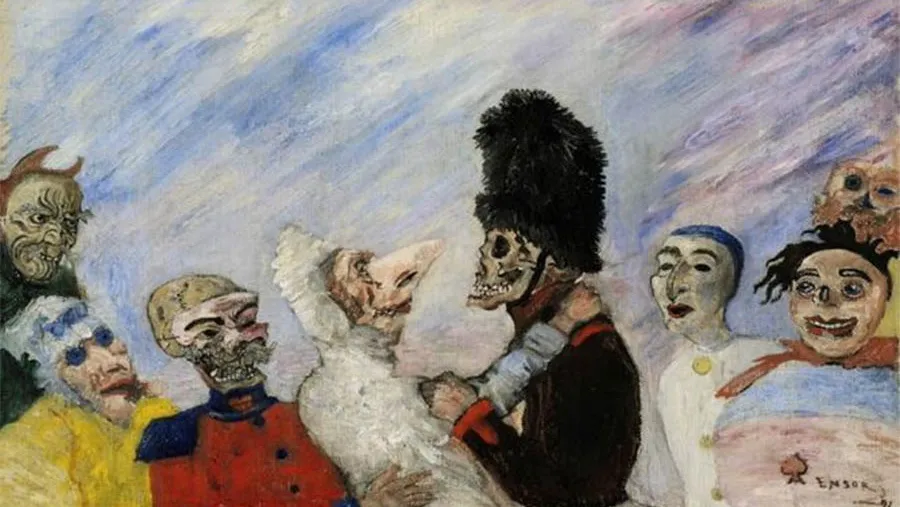 Esta obra se titula “Esqueleto deteniendo máscaras” y pertenece al pintor belga James Ensor. Esta obra se titula “Esqueleto deteniendo máscaras” y pertenece al pintor belga James Ensor.