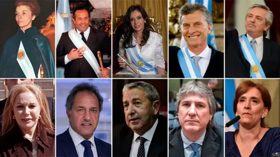 María Estela Martínez de Perón, Adolfo Rodríguez Saá, Cristina Kirchner, Mauricio Macri y Alberto Fernández (arriba). Zulema Yoma, Daniel Scioli, Amado Boudou, Gabriela Michetti.