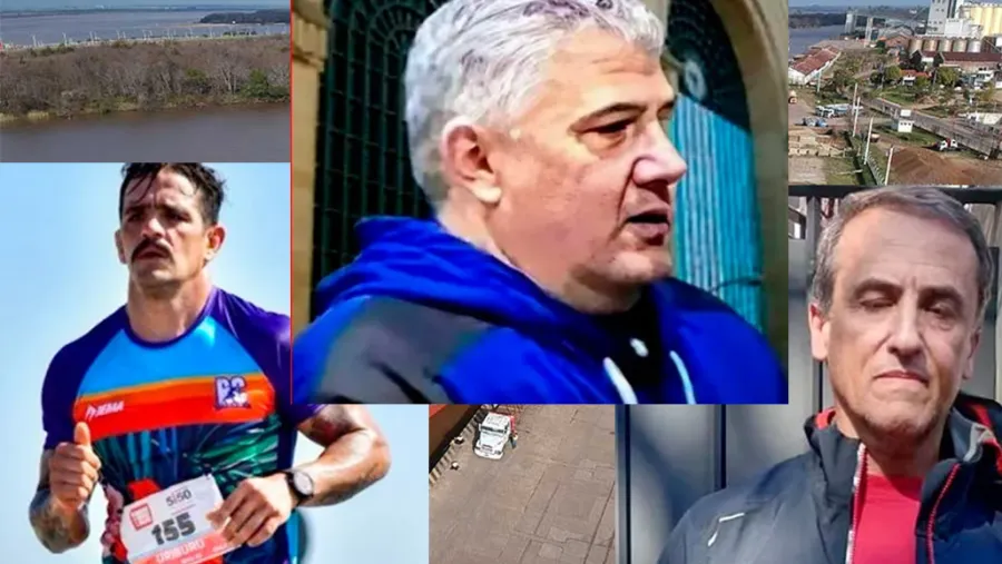 En el centro el empresario Gastón Tallone; José Uriburu, uno de los imputados, corriendo una maratón y Gustavo Juliá, el empresario detenido en Vicente López. De fondo, el puerto de Concepción del Uruguay.