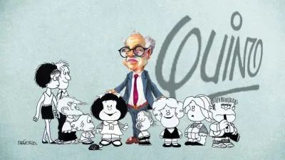 Quino y sus creaciones. Ilustración de Osvaldo Révora.